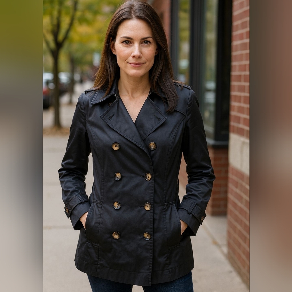 DKNY Black Double-Breasted Pea Coat | Classic Gold Button Trench Jacket